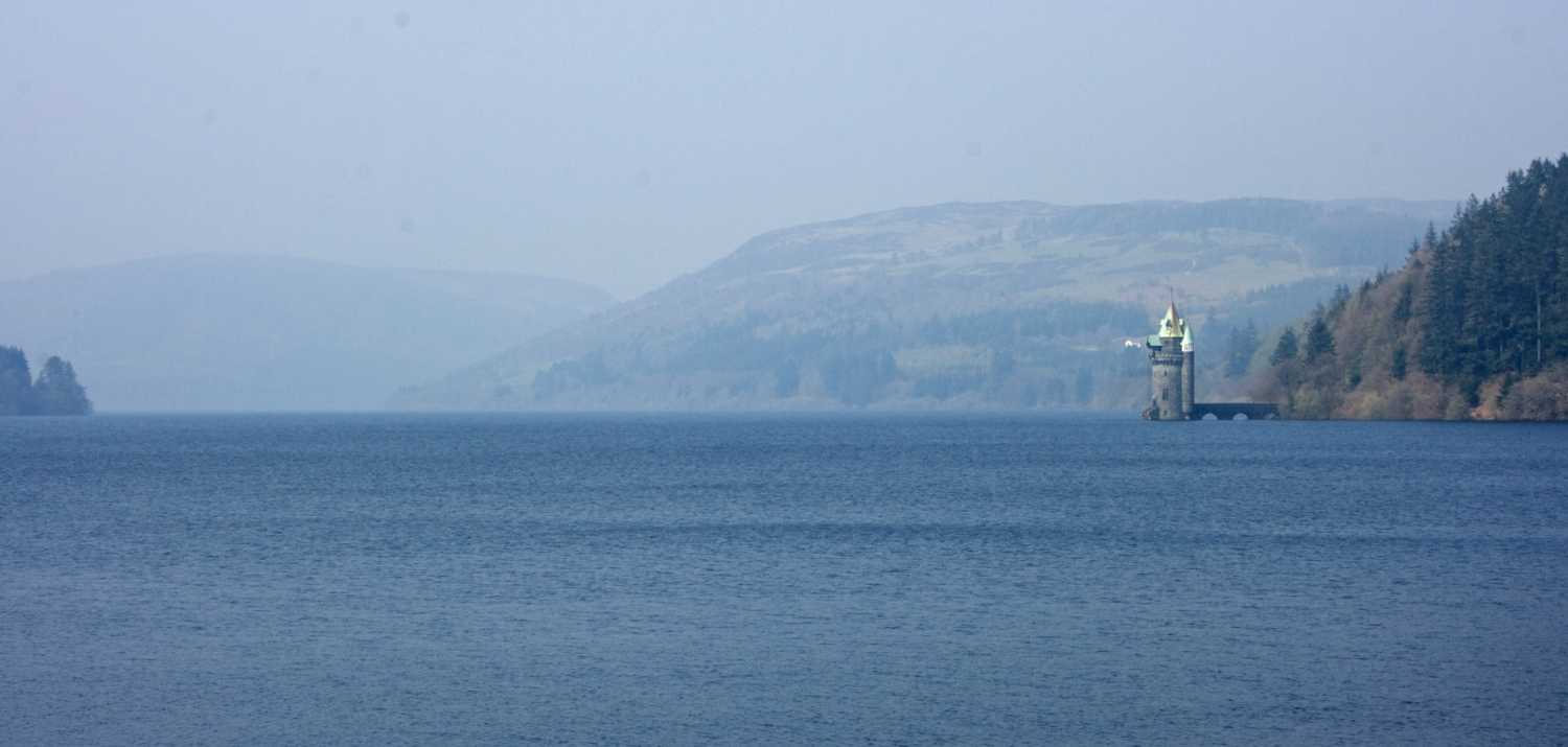 Lake Vyrnwy on a hazy day.
